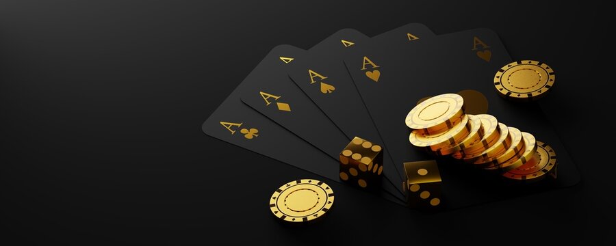 Golden casino chips or tokens with two golden casino dice on four aces playing cards in black and gold over black background