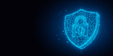 Blue glowing wireframe protection shield with cutout padlock symbol on black background with copy space, business security, protection or digital safety template concept