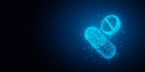 Blue glowing low-poly wireframe pill capsule and tablet on black background with copy space, science, biotechnology or medical background concept