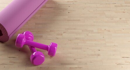 Pink fitness gym dumbbell weights with pink foam yoga fitness mat on wooden floor background, woman's fitness, muscle exercise or bodybuilding concept with copy space