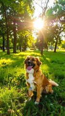Dog in park at sunset
