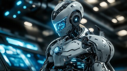 3D effect of a futuristic robot with detailed metallic surfaces and glowing lights, standing