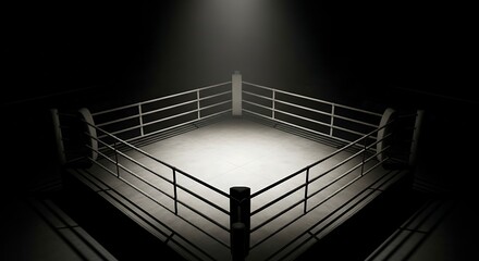 An empty classic boxing ring is dramatically illuminated by a single overhead spotlight in a dark arena.