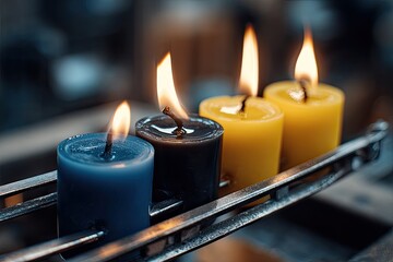 Close-up of four burning candles in blue, black, and yellow, arranged on a metallic holder.  Shallow depth of field blurs the background