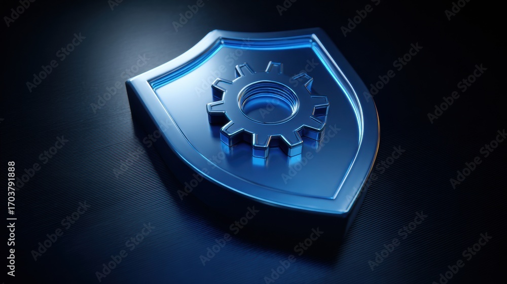 Poster blue shield with gear protecting data technology and providing system security