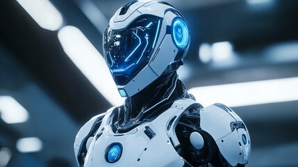 3D effect of a futuristic robot with detailed metallic surfaces and glowing lights, standing