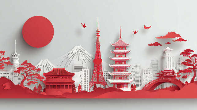 Japanese landscape paper art design iconic landmarks city skyline red white architecture Mount Fuji birds sun