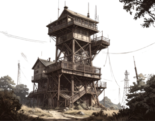 Vintage Radio Tower Engraving Illustration Isolated on Transparent Background PNG