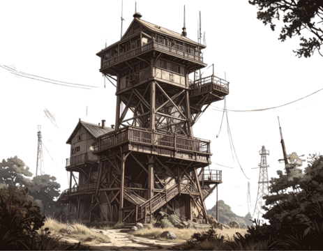 Vintage Radio Tower Engraving Illustration Isolated on Transparent Background PNG - Powered by Adobe