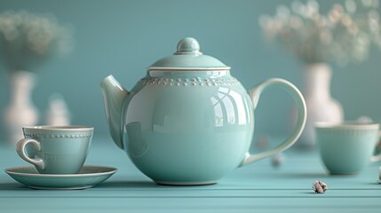 Beautiful Pastel Blue Teapot and Cups Set for Afternoon Tea