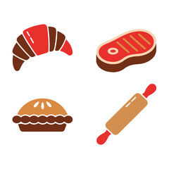 A collection of four flat graphic icons representing food items and a baking tool: a croissant, a steak, a pie, and a rolling pin.