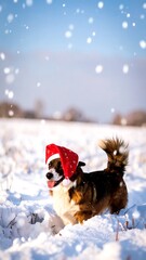Dog in Santa hat, snowy field