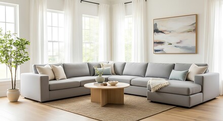 A modern living room boasts a light gray sectional sofa, accented by natural elements, and a serene abstract painting.