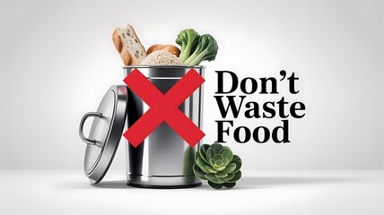 Realistic food waste prevention concept with trash bin full of bread rice and vegetables crossed out with red x symbol