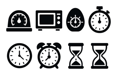 Black timer icon set: stopwatch, hourglass, clock, kitchen timer illustrations
