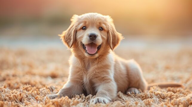 Adorable Golden Retriever Puppy Smiling Warmly in Golden Hour Light