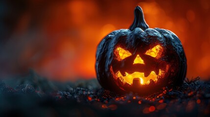 Scary Jack O Lantern glowing with fire on dark background