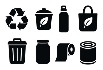 Eco-friendly symbols: recycling, reusable bags, water bottle, and sustainable products icons