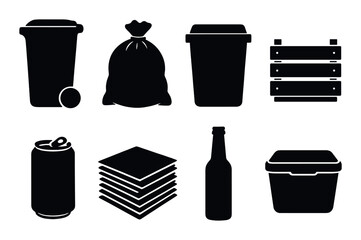 Black silhouette icons of trash bins and recyclables on gray background