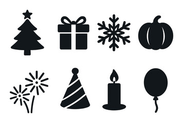 Festive icons: christmas tree, gift, snowflake, pumpkin, fireworks, party hat, candle, balloon