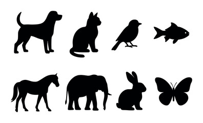 Silhouettes of various animals: dog, cat, bird, fish, horse, elephant, rabbit, butterfly