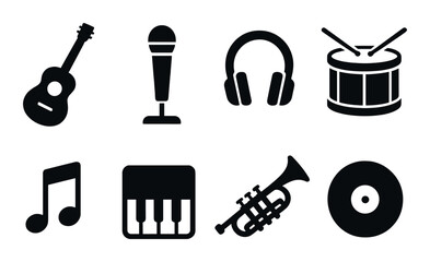 Collection of music icons featuring instruments and audio equipment on dark background