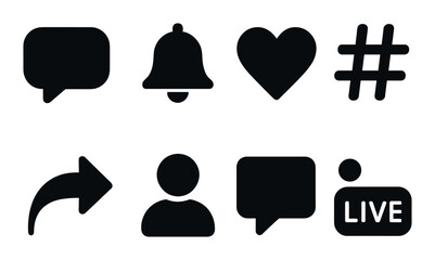 Social media icons: communication, notifications, engagement, and live interaction symbols