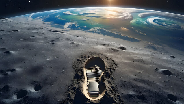 Earthrise over the Moon with a footprint in the foreground