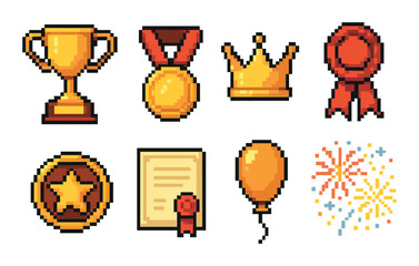 Pixel art icons of trophies, medals, and awards in vibrant colors