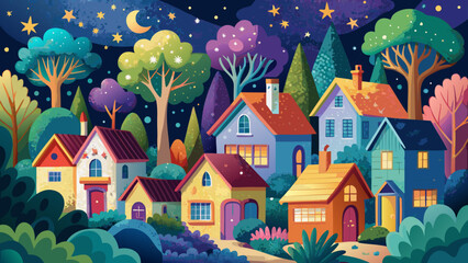 Obraz premium very beautiful Whimsical watercolor painting depicting colorful houses nestled under trees with a starry sky.