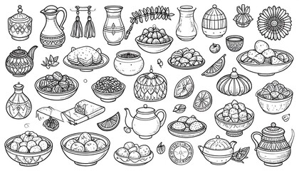 Collection of hand-drawn ethnic food and tableware
