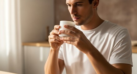 Pensive Young Man Holding White Mug in Sunny Kitchen Interior