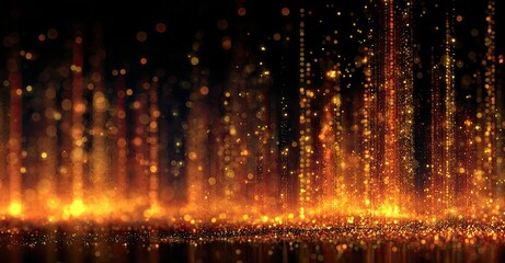 Fototapeta premium Golden, fiery particles fall on a dark surface