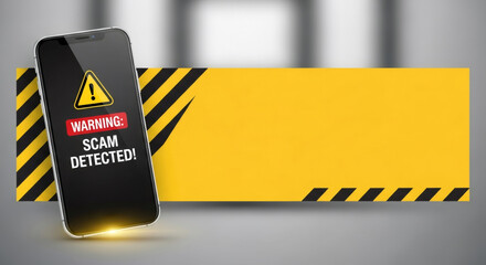 Smartphone displaying scam detected warning message on screen. Cybersecurity and financial fraud alert concept. Digital phishing protection for mobile device.