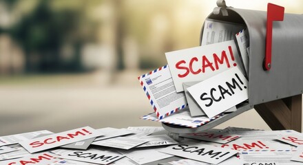 Stack of scam letters overflowing from a mailbox, symbolizing deceptive communication and widespread financial fraud.