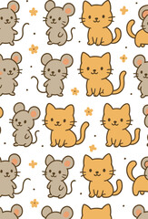Seamless Cute Cat and Mouse Cartoon Pattern – Adorable Animal Illustration for Kids