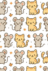 "Cute Cartoon Cat and Mouse Seamless Pattern &ndash; Kawaii Animal Vector for Kids, Fabric, and Wallpaper Design"