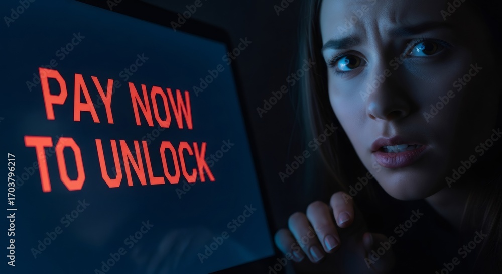 Poster frightened woman confronted with computer screen displaying 