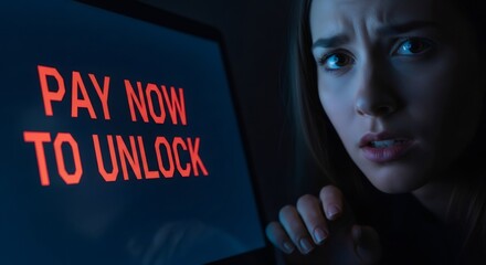 Frightened woman confronted with computer screen displaying "PAY NOW TO UNLOCK" message. Cyber security threat, ransomware attack, and data hacking concept.