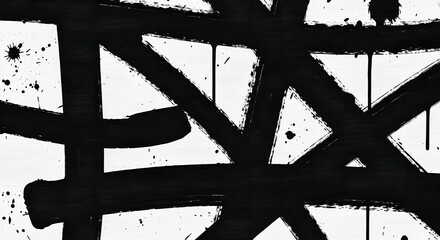 Dynamic abstract expressionism background with bold black ink brushstrokes and chaotic paint splatters on a white canvas