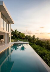 Fototapeta premium Modern Villa with Infinity Pool Overlooking Tropical Paradise at Sunset