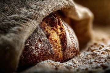 Close up of a rustic loaf of bread covered in flour.