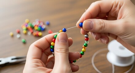 Close-up of hands stringing colorful beads onto a thread to create a bracelet.