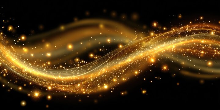 Abstract gold wave with sparkling particles on black background