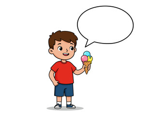 Cartoon Boy Holding Colorful Ice Cream Cone with Speech Bubble.