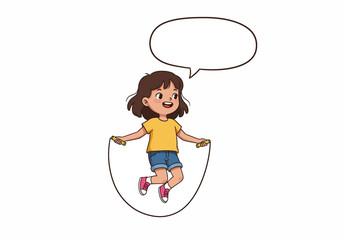Cartoon Girl Skipping Rope with Speech Bubble Brown Hair Yellow Shirt Pink Shoes.