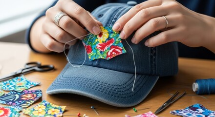 Person sewing a colorful patch onto a blue baseball cap.