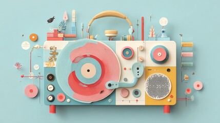 Obraz premium Surreal Music Creation, A contemporary artwork blending a frying pan and vinyl records against a blue backdrop, exploring themes of creativity and imagination in pop art style