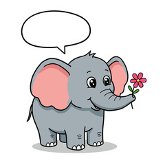 Cartoon Elephant Holding a Flower with Speech Bubble.