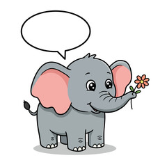 Cartoon Elephant Holding Flower with Speech Bubble Above.